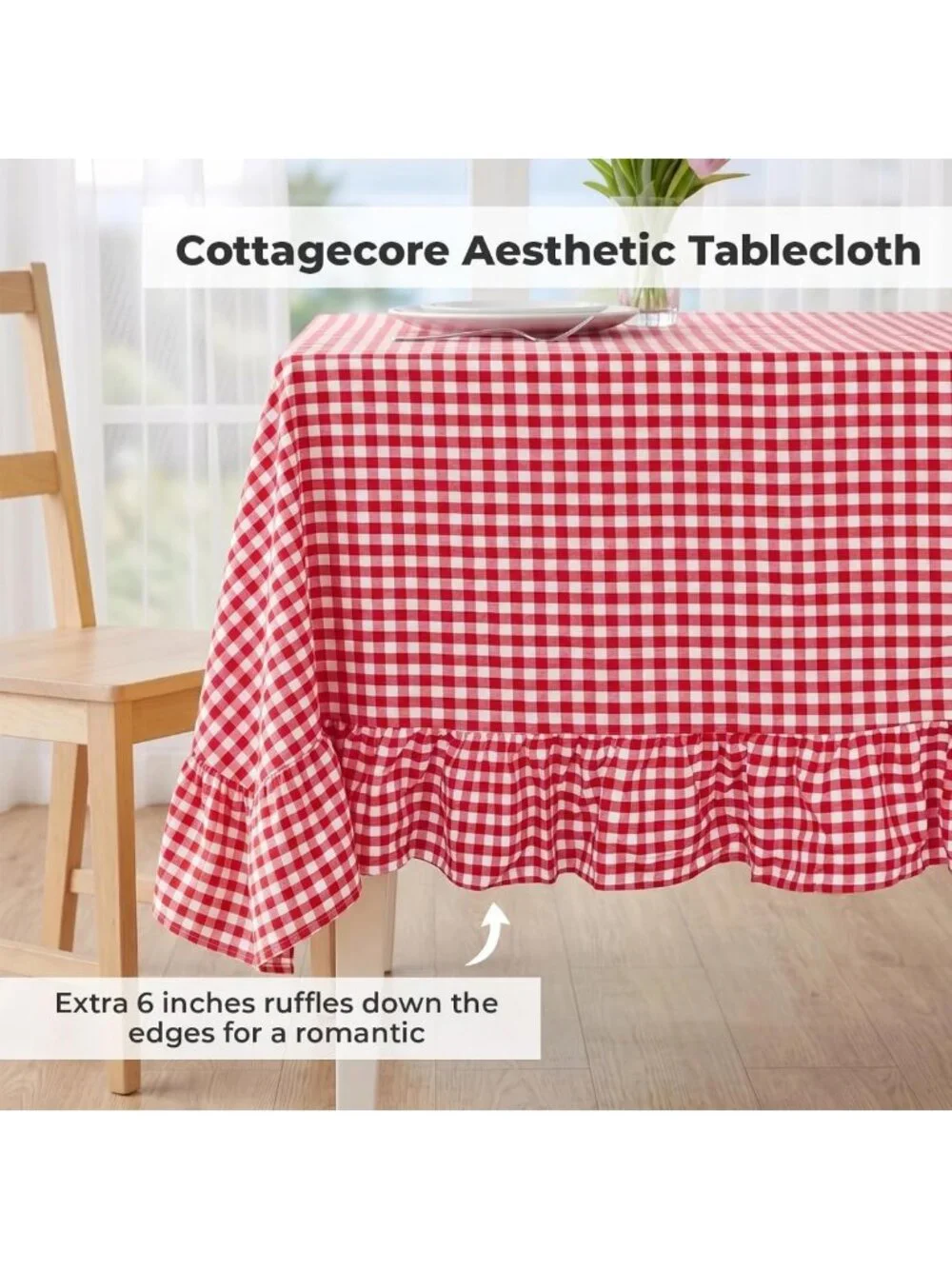 Red & White Gingham Ruffled Tablecloth - 100% Cotton, Rectangular for Farmhouse